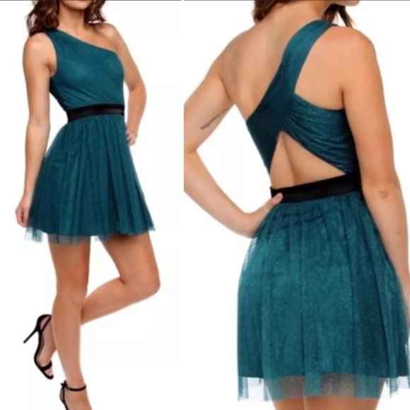 Hailey Logan Teal One-Shoulder Glitter Dress 5/6 - Picture 1 of 8